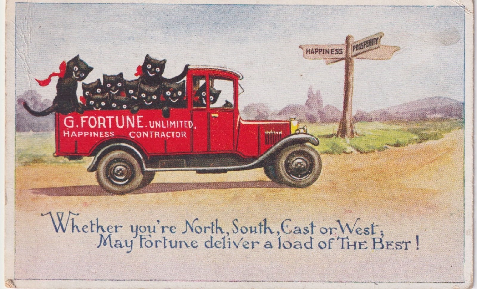 Colour postcard of black cats riding in a red motor car with a good fortune message